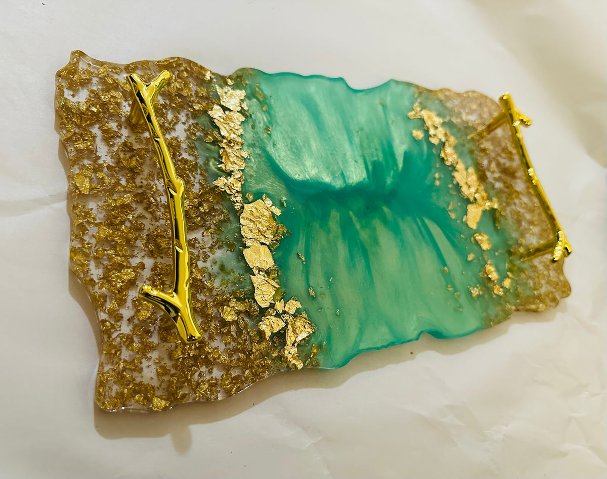 Luxury Turquoise & Gold Epoxy Resin Serving Tray – Handmade