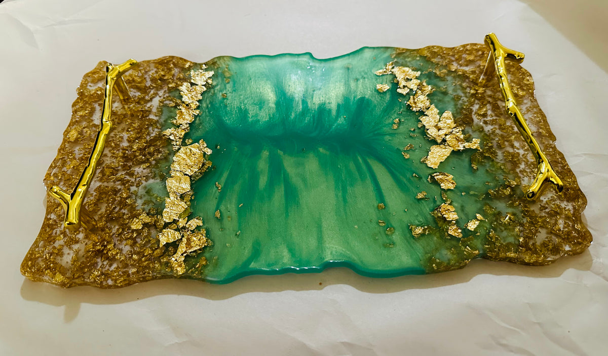 Luxury Turquoise & Gold Epoxy Resin Serving Tray – Handmade