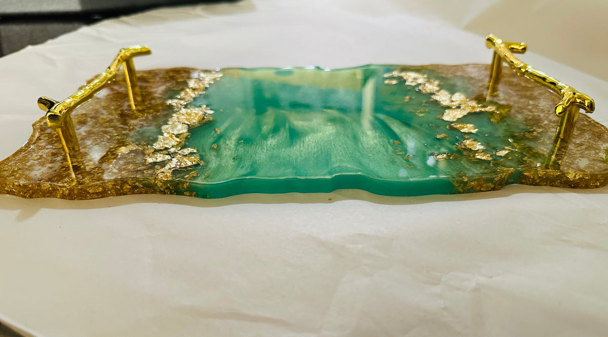Luxury Turquoise & Gold Epoxy Resin Serving Tray – Handmade